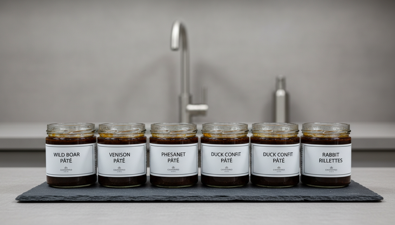 A series of neatly labeled glass jars containing wild game pâté, arranged in a symmetrical row on a cool-toned slate slab counter. The environment is a minimalist tasting area with faintly textured, soft gray walls and brushed stainless steel fixtures. Overhead LED lighting provides a neutral, even glow, enhancing the smoothness of the jars and causing soft, shadowless reflections. Shot from a slightly elevated, frontal perspective with crisp detail, the composition stresses order and purity. The mood is professional and appetizing, perfectly aligning with the business’s structured, corporate aesthetic and focus on premium handcrafted products.
