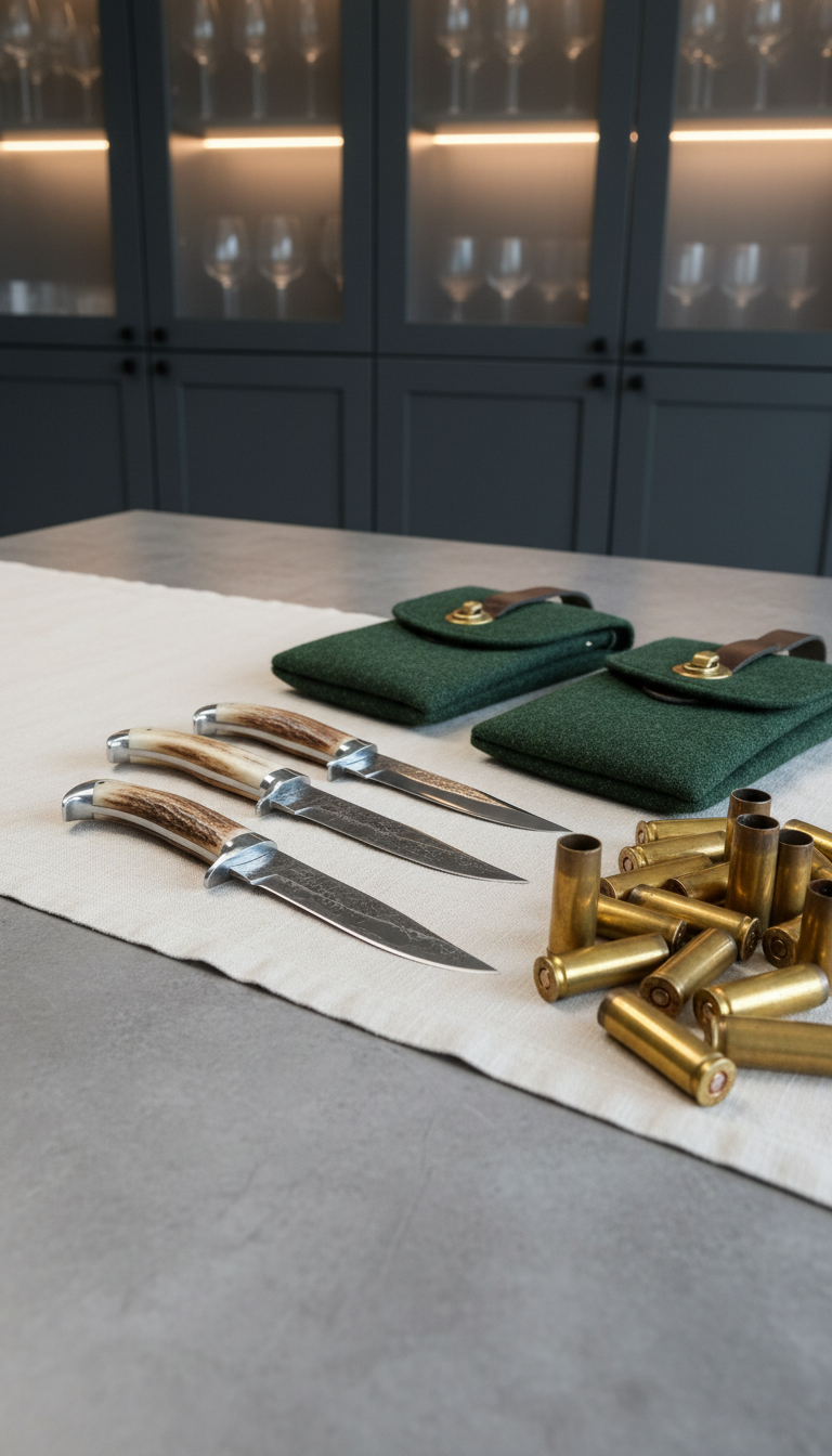 A close-up of a carefully curated selection of hunting accessories—polished antler-handled knives, hand-woven loden pouches, and brass cartridge cases—artfully arranged on an understated linen runner atop a modern, muted stone table. The elements are surrounded by a softly blurred background of clean graphite cabinetry and glass, with LED cabinet lighting creating subtle highlights and crisp definition along edges. The mood is one of meticulous craftsmanship and exclusivity, shot in a highly detailed, photographic realism style from a low, angled perspective to maximize depth and focus. This supports the association’s dedication to quality and professional standards.