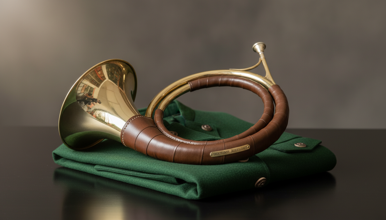 An up-close, detailed photograph of a polished hunting horn made of gleaming brass and rich leather, delicately coiled atop a carefully folded green felt hunting jacket. Both rest on a dark, reflective tabletop. In the softly lit environment, a focused spotlight shines subtly from the left, emphasizing metallic reflections and the fine stitching on the jacket. The background is kept intentionally out of focus, neutral, and uncluttered, creating a refined and contemplative mood. The composition is balanced asymmetrically for sophistication, in a clean, realistic photographic style, resonating with the Obertrumer Jägerschaft’s professional presentation of traditions.